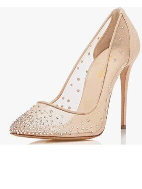 XYD Nude Rhinestones Studded Stiletto High Heels Mesh for Women Slip On Pumps